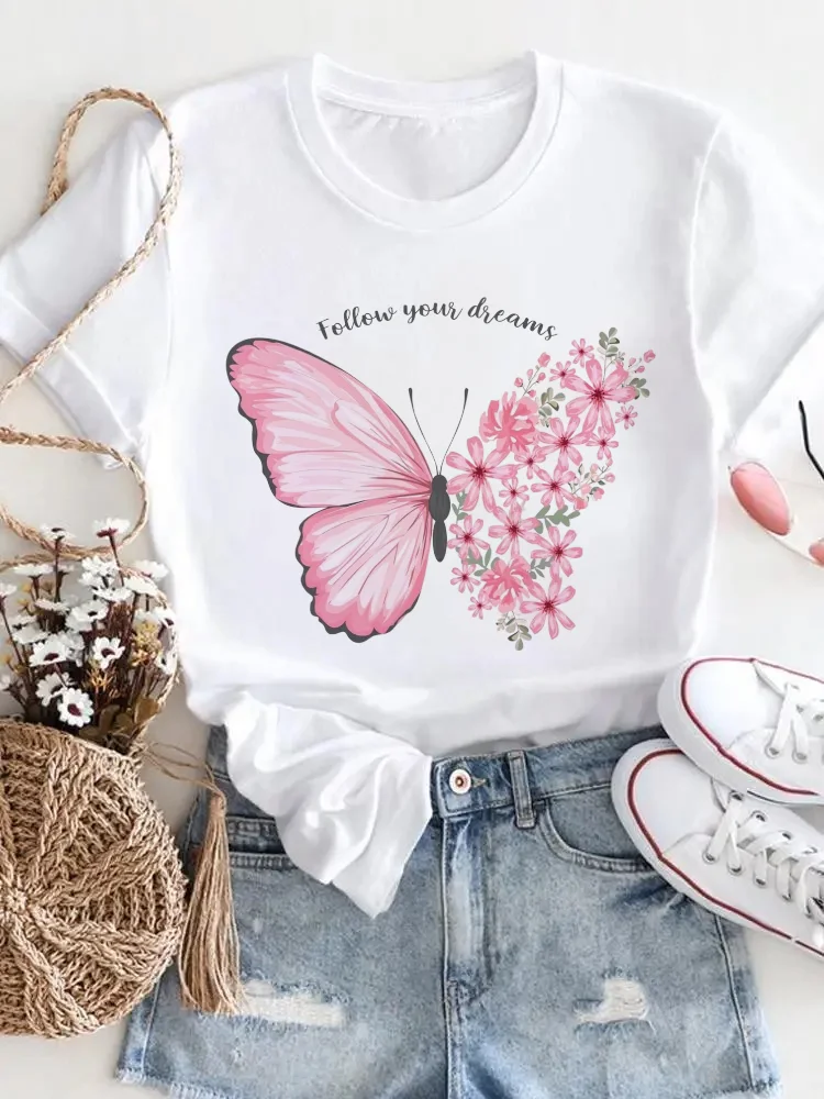 

Следуйте за своей мечтой, футболка с розовым цветочным узором и бабочкой, новый топ с принтом, повседневная женская белая футболка с круглым вырезом и коротким рукавом