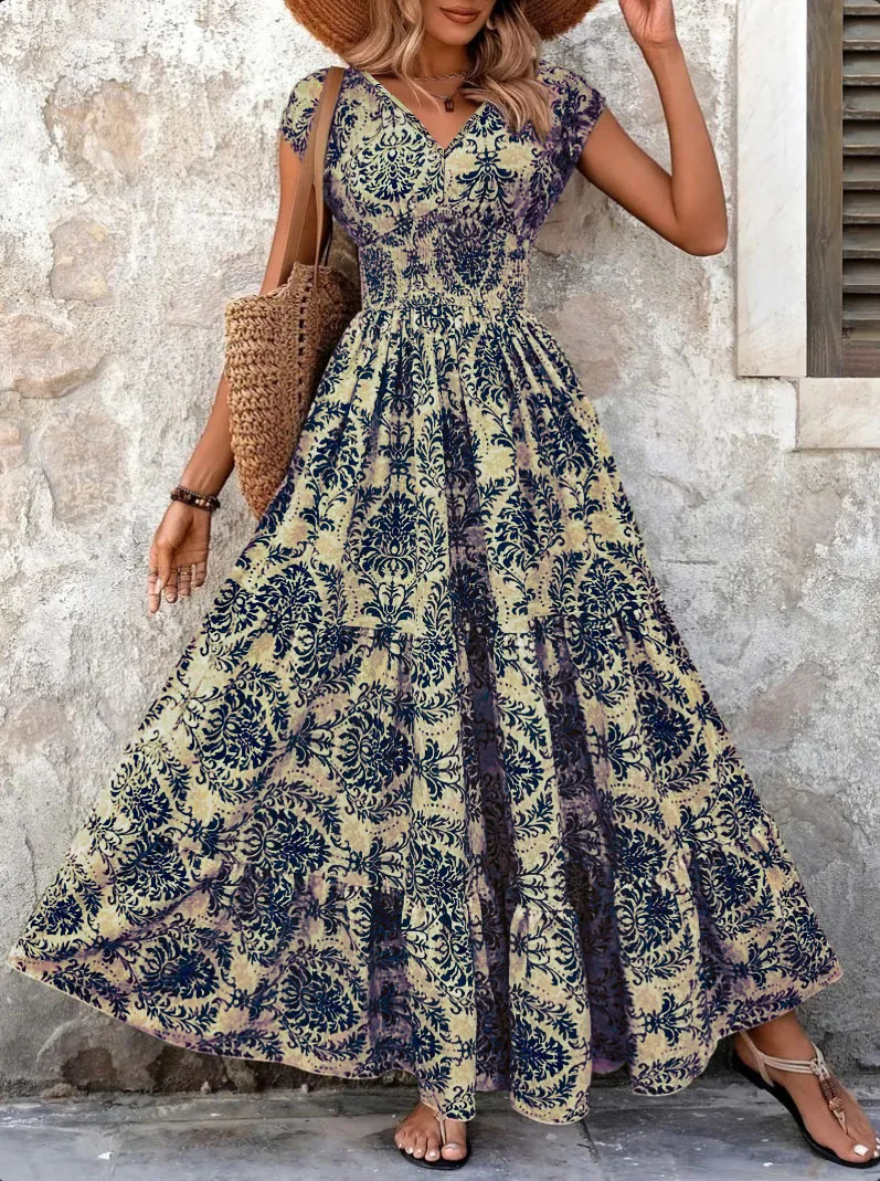 Vestido Vintage 2026 con Estampado Floral, Elegante, Cuello en V, Manga Corta, Largo, Moda Femenina, Estilo Retro