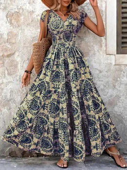 2026 Vintage Floral Print Dress Elegant V-Neck Short Sleeve Long Women's Fashion Retro…