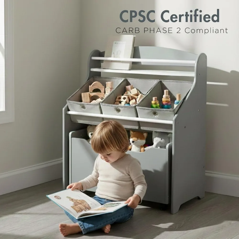 رف كتب للأطفال 3 في 1 ومنظم تخزين الألعاب مع صندوق دوار وصناديق قماش لغرفة اللعب في الحضانة