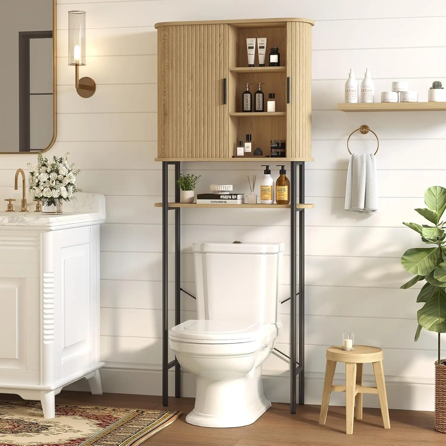 

Fluted Over Toilet Cabinet Tambour Door Adjustable Shelf Bathroom Space Saver Natural Customized