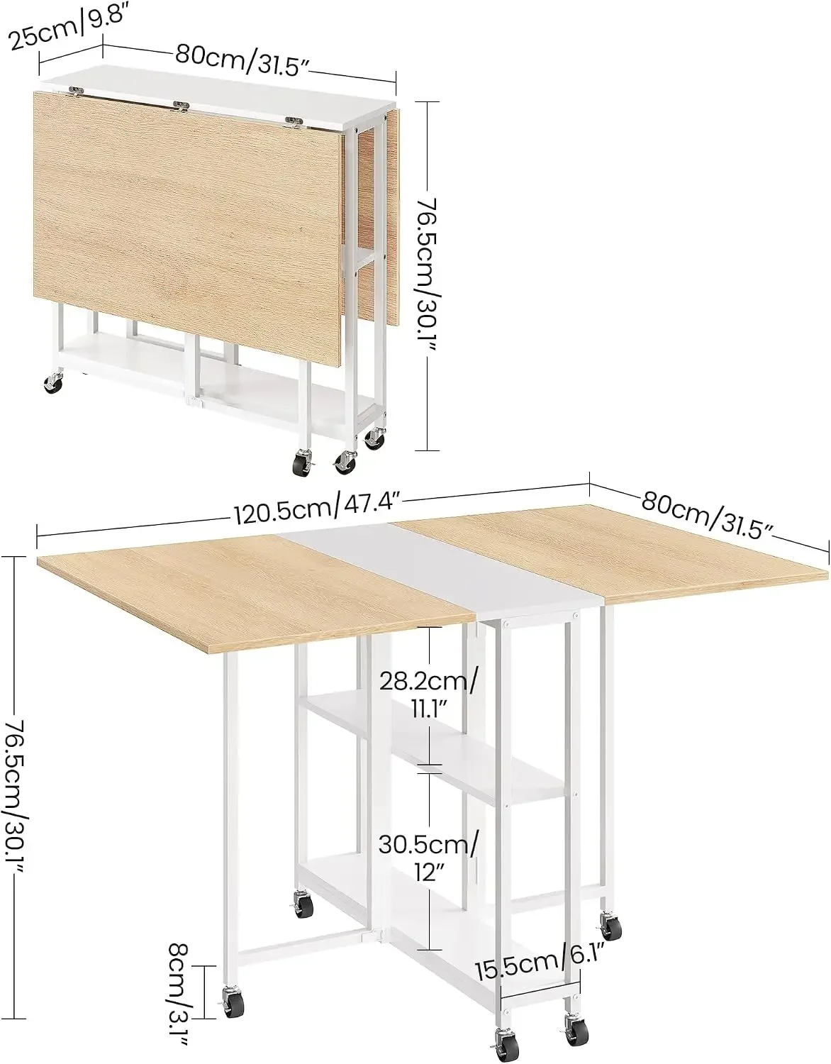 Folding Dining Table, Movable Dining Table, Kitchen Table for Small Space, Foldable and Expandable Desk Furniture with 6
