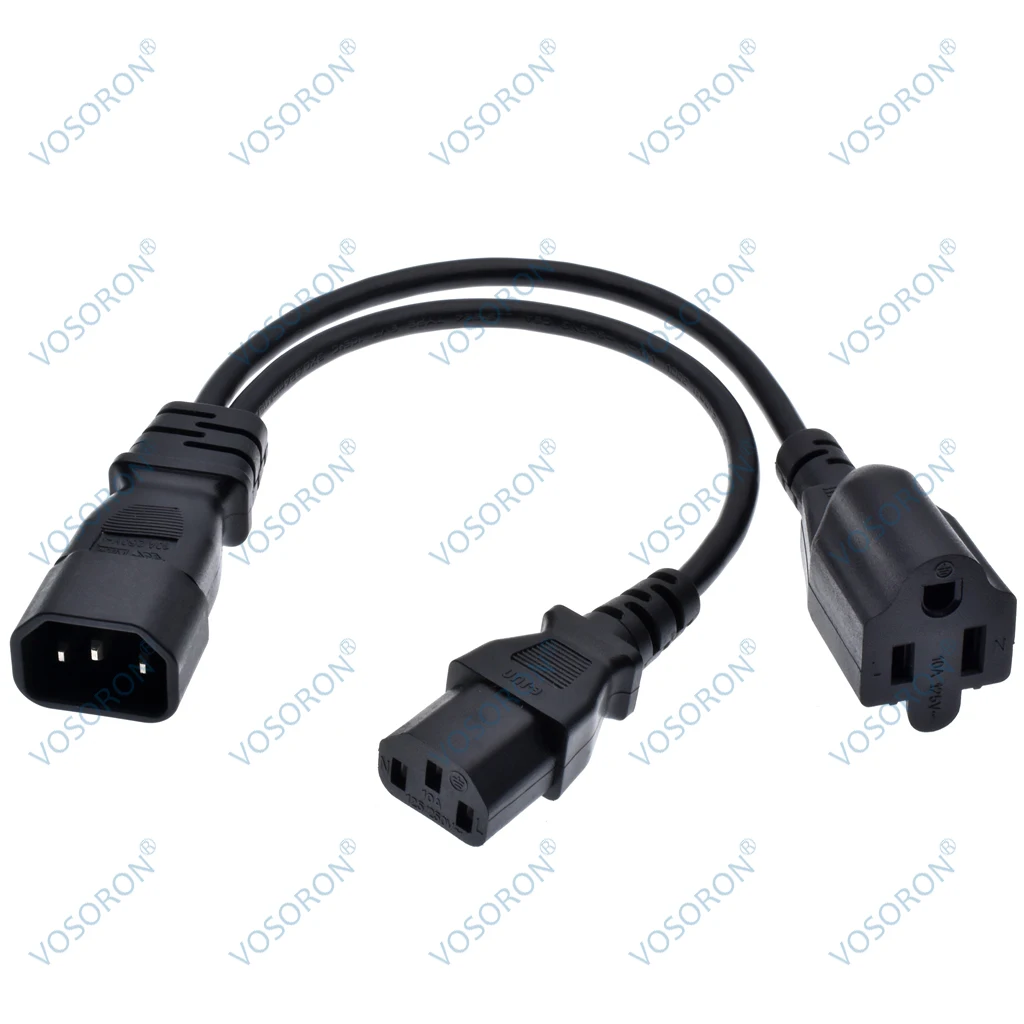 C14 to C13+Nema 5-15R Y Splitter Power Plug Cord,Single IEC 320 C14 Male to C13+Nema 5-15R Female Splitter Adapter Cable Cord