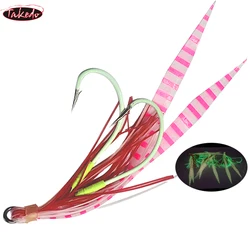 TAKEDO 5 Pairs MARUSEIGO 28# Jigging Assist Hooks Sea Fishing Hook With Fluorocarbon Line Luminous Silicone Skirts For Cod Bass