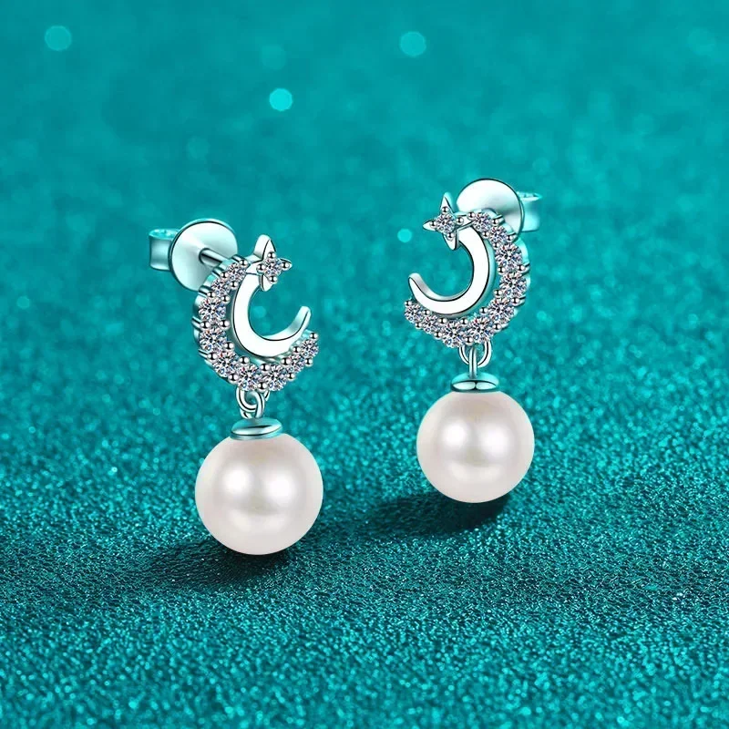 Sweet Fashion 0.35ct Moissanite Star Moon Earrings for Women, Cute 8mm Natural Pearl Ear Studs Piercing Earrings Jewelry Gifts
