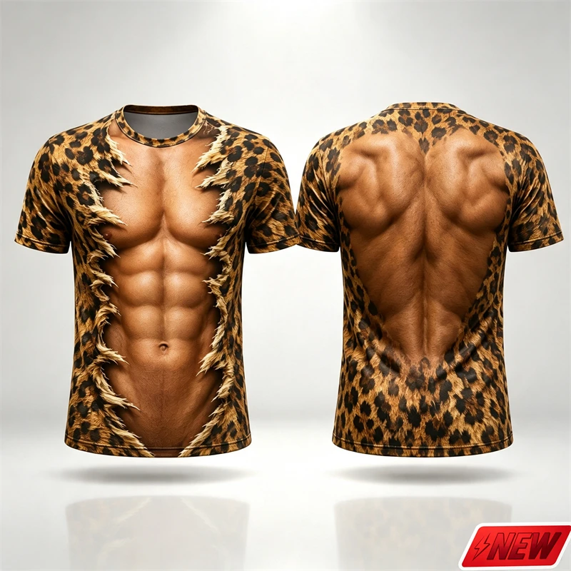 Summer Funny Fake Muscle Short Sleeve T‑Shirt Men Leopard Print 3D Print Chest Abdomen Back Muscle Graphic Tee New Casual Tops