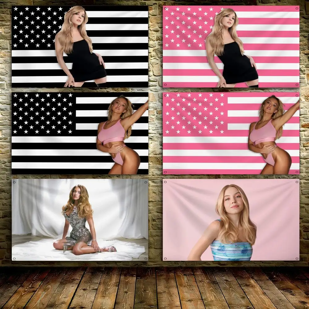 S-Sydney Sweeney Actor Flags Individuelles Wandbehang-Kunstbanner für Schlafzimmer, Zuhause, Wohnzimmer, Außendekoration