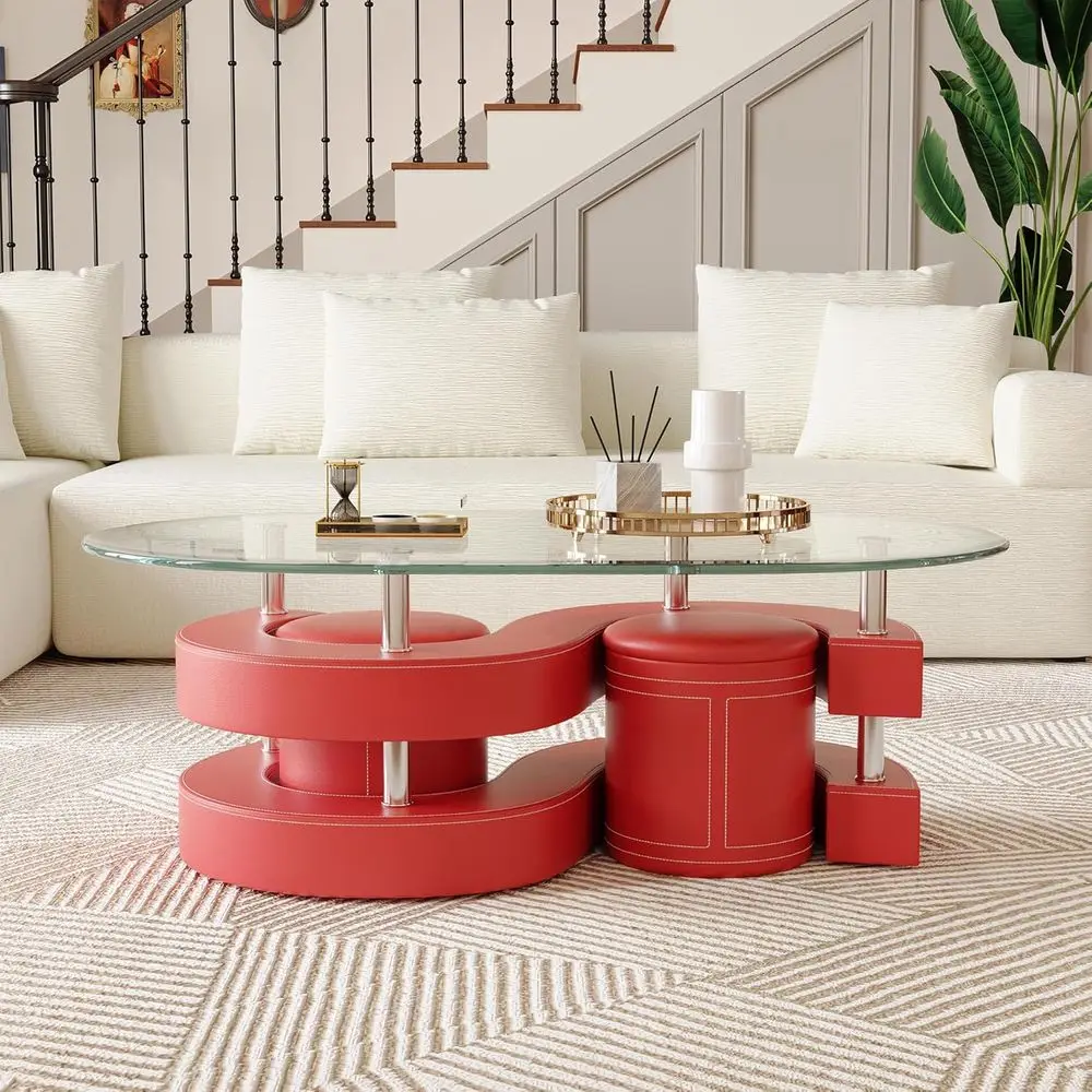 Tempered Glass Oval Coffee Table Set with 3 Pieces, 0.39 Thick Top, S-Shape Base, 2 Leather Stools, Ideal for Accent in Living o