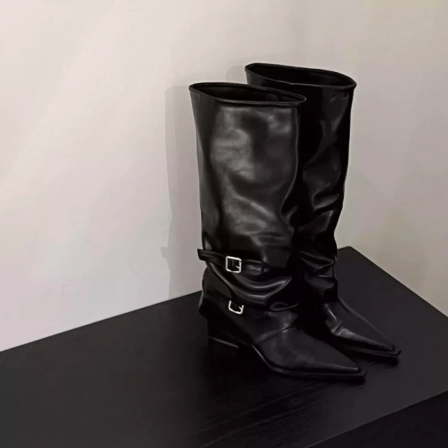 Vintage Damenstiefel mit Dickem Absatz, Frühling/Herbst, Elegante Ritterstiefel mit Gürtelschnalle – Detail 4