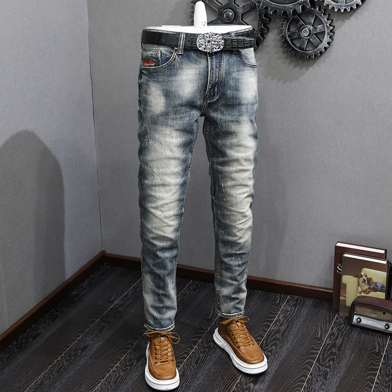 Fashion Vintage Men Jeans High Quality Retro Washed Blue Stretch Slim Fit Ripped Jeans Men Embroidery Designer Denim Pants Homme