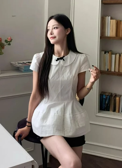 

Летняя женская блузка с коротким рукавом и воротником Питер Пэн, универсальный топ, утягивающая талию