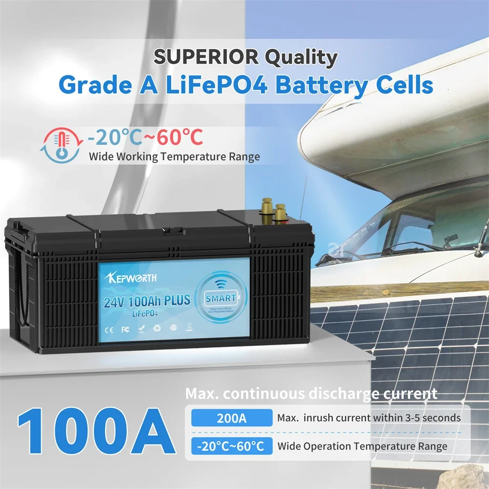 24V 100Ah LiFePO4 Battery with Built-in Bluetooth BMS for RV Campers Golf Cart Off-Road 6000 Cycles Long Life Power Battery