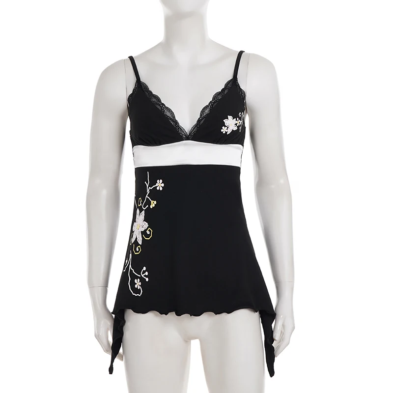 SUCHCUTE Sexy Vintage Spitzen-Patchwork-Trägertop für Damen, Harajuku Blumen-Grafik-Print, Nieten-Mini-Camisole, Gothic Hottie Sommerkleidung – Detail 4