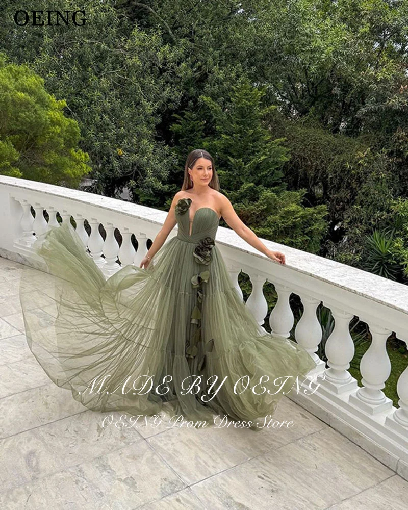 OEING Green A-Line Princess Prom Dresses Elegant Pleats Strapless Party Gowns Tiered Applique Floor-Length Soft Tulle Customized