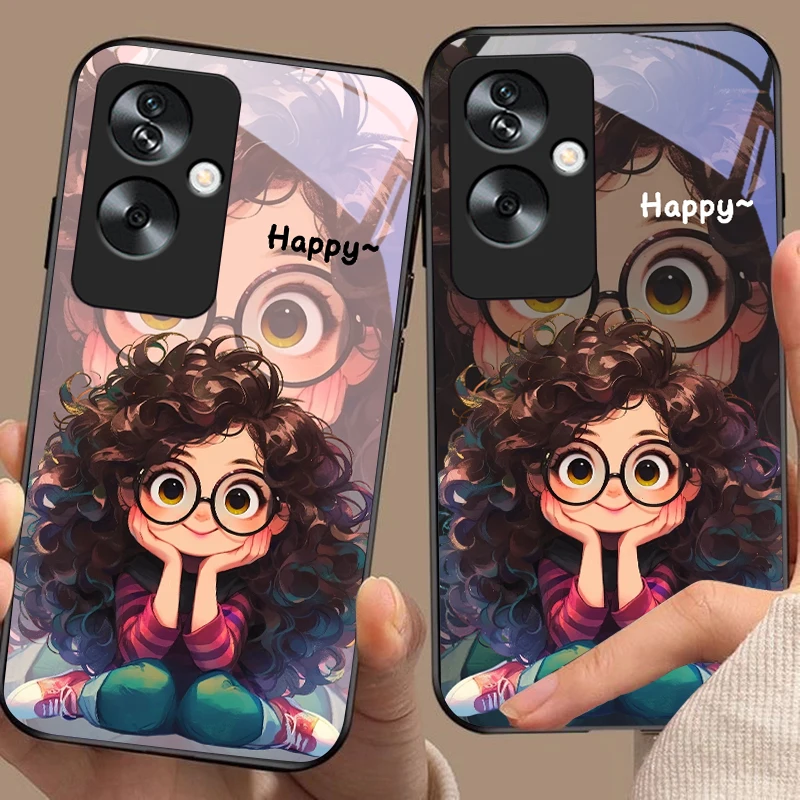 Curly haired girl For Oppo A79 5G 58 78 74 60 4G Reno 11F Realme GT 6 11 Note 50 10 C55 X2 Tempered glass black phone case