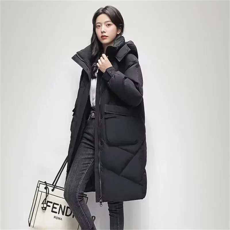 2025 Spring Autumn And Winter New Down Cotton Women's Mid length Over Knee Cotton Coat Korean Fashion Casual Loose Thicken Coat