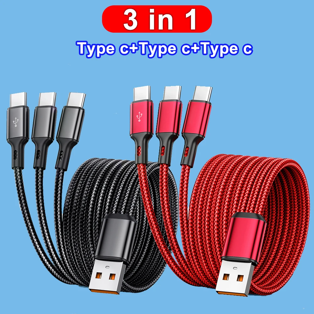 3 In 1 USB-A to 3 ×Type-C 100W 6A Fast Charging Data Cable For Samsung Galacy S24 S23 Xiaomi Redmi Huawei USB C Data Transfer