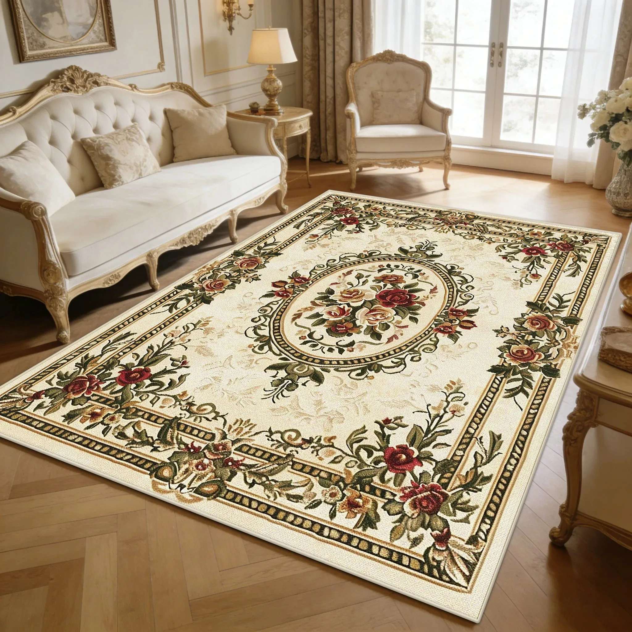 European Luxury Flower Beige Living Room Carpet Decoration Bedroom Bedside Antiskid Rug Large Area Easy Clean Floor Mats