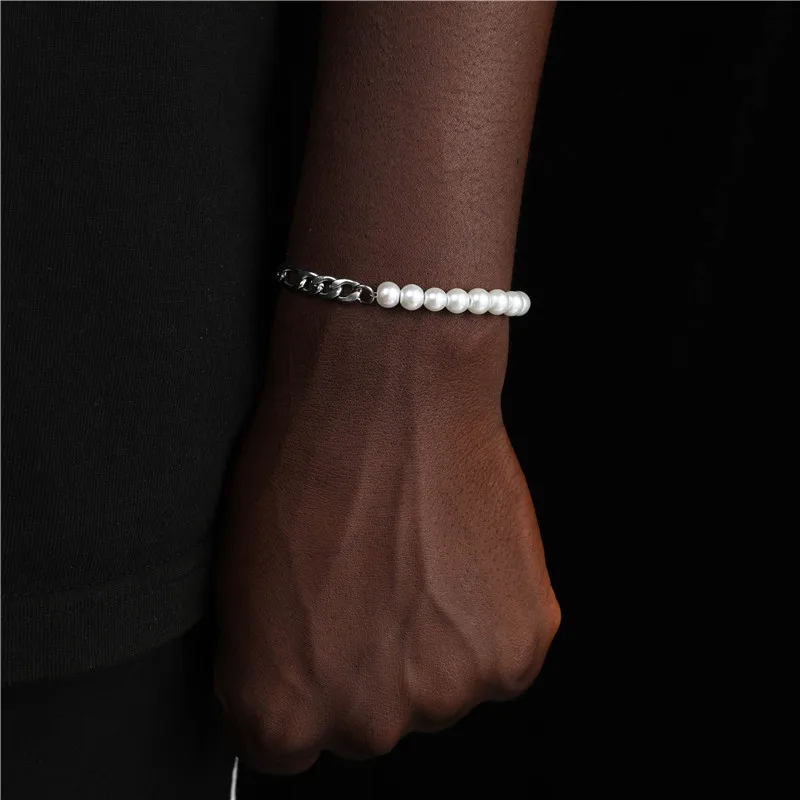 D&Z Hip Pop Pearl Beaded Cuban Chain Bracelet For Men Women Fashion Stainless steel Rapper Charm Jewelry Birthday Gift