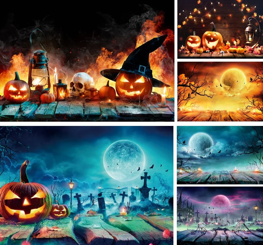 

Halloween Photography Background Terrible Pumpkin Lantern Full Moon Wooden Floor Scene Hallween Decoration Photocall Backdrop