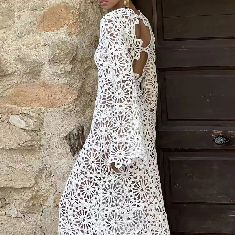 

Women Sexy Hollow Out Irregular Beach Vacation Dress 2026 Retro Slim Fit Long Sleeved Dress Summer Chic Crochet Backless Dress