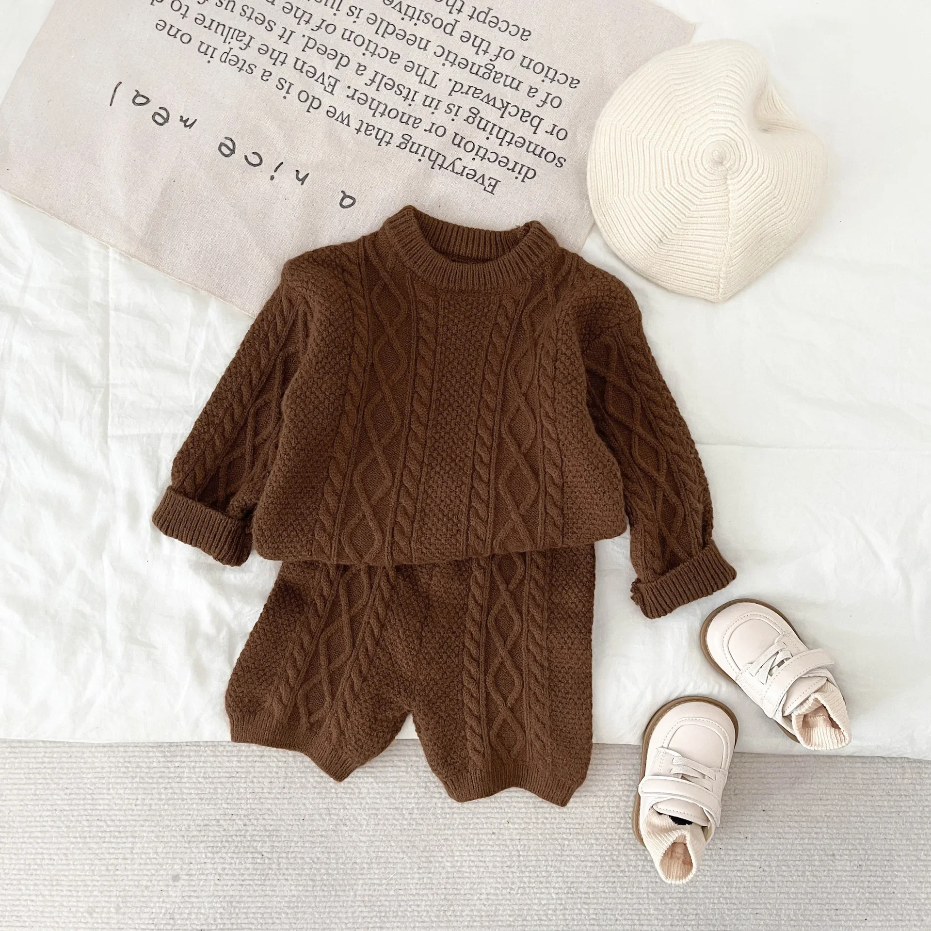 Korean Children Clothing Autumn and Winter Stylish New Girls Retro Temperament Solid Knitted Sweater Woolen Pants Set Trendy