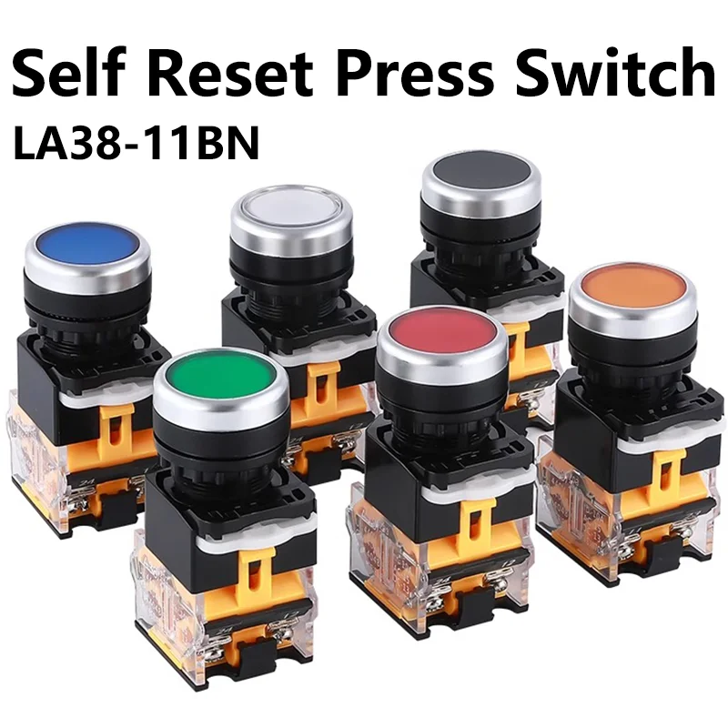 220V 22mm LA38 Round self-locking Reset power button switch 1NO/1NC instantaneous switch with light LED indicator Self-recovery