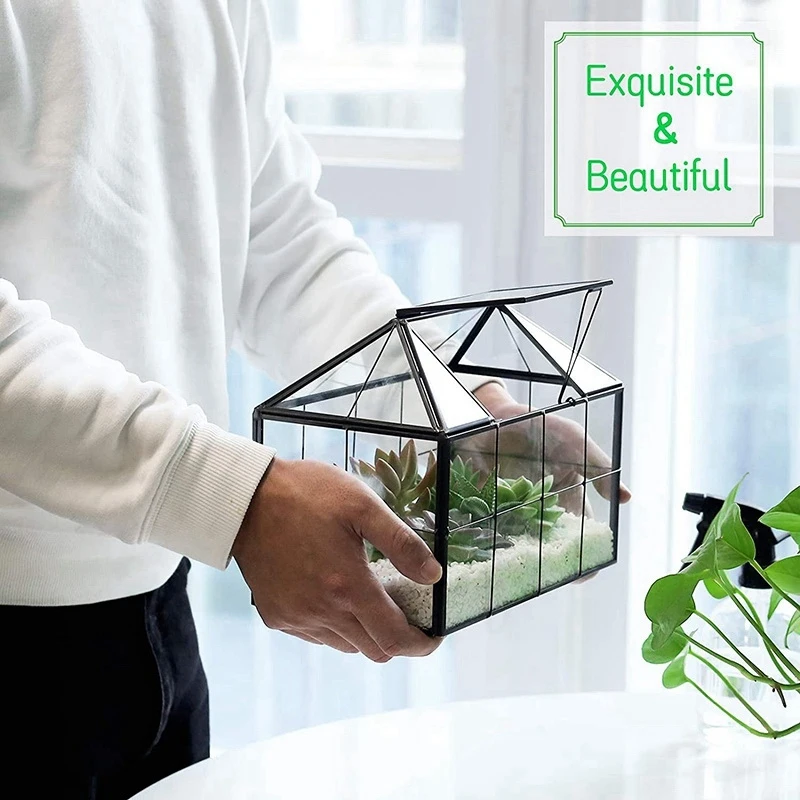 Glass Glass Terrarium Handmade House Shape Geometric Glass Container With Swing Lid Indoor Planter For Succulents