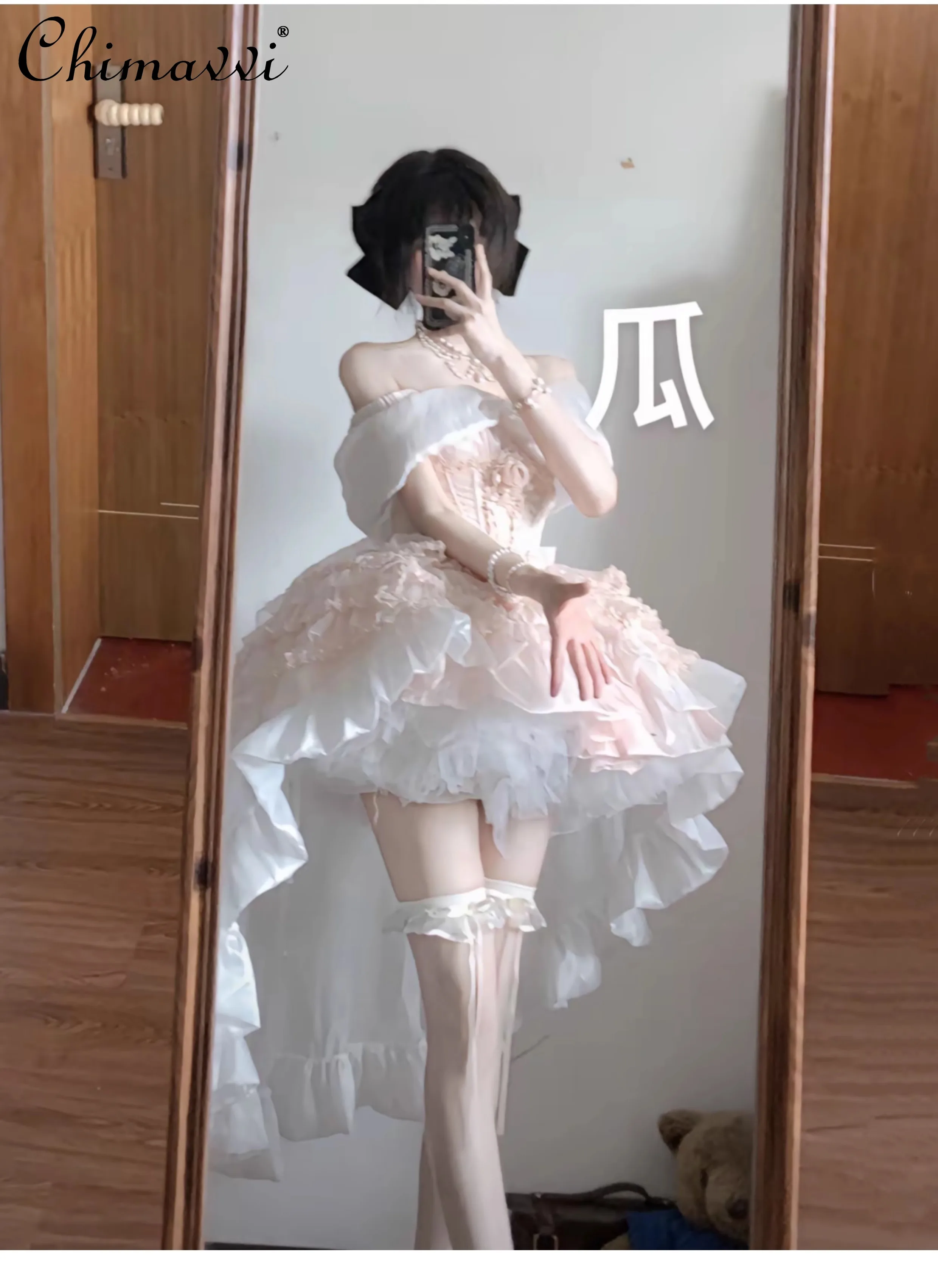 French Sweet Pink Tube Top Dress Spring and Summer Princess Lolita Retro High Waist Elegant Women Birthday Party Puffy Dresses