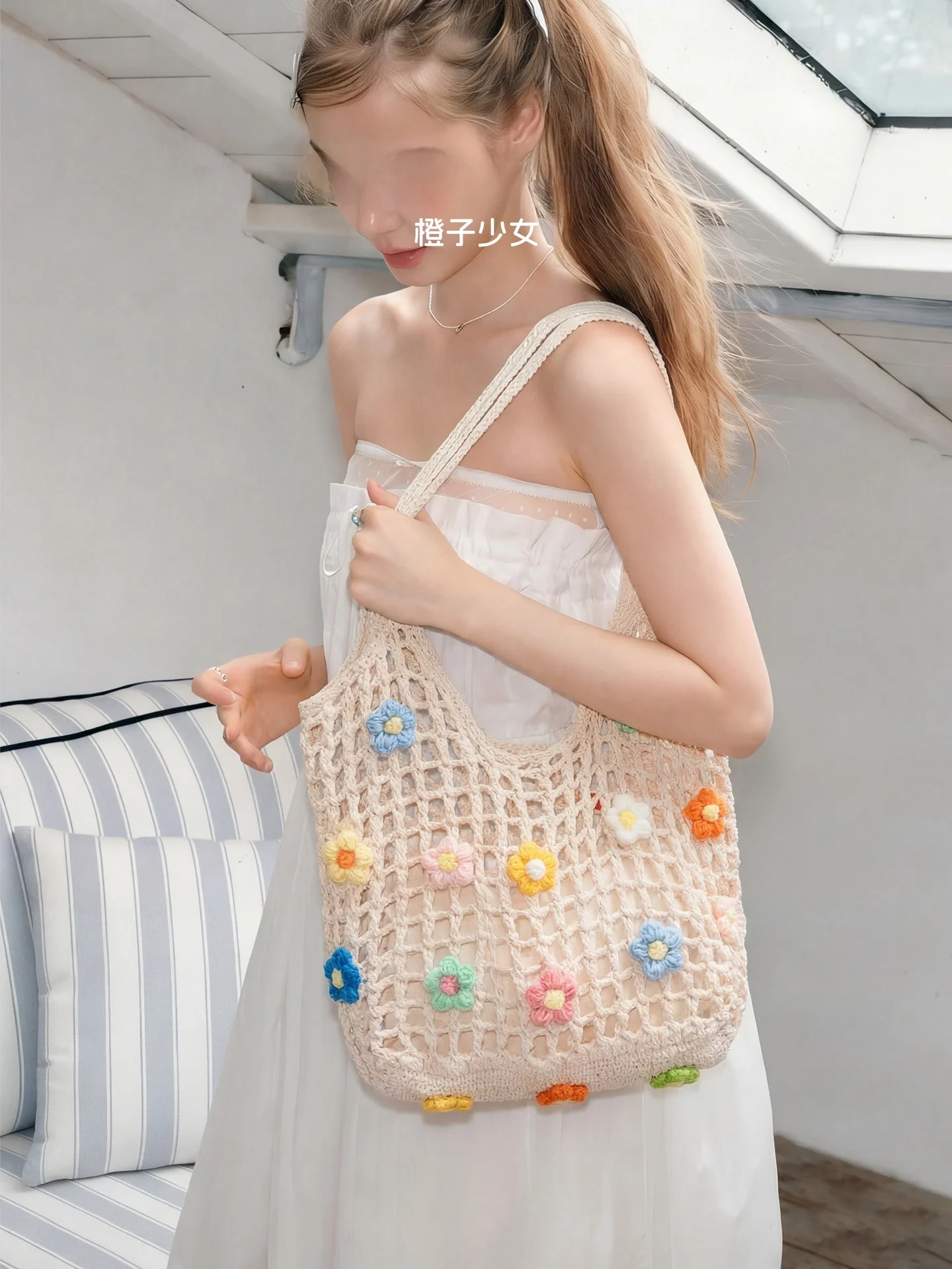

Floral Knitted Tote Bag Beach Shoulder Bag Large Capacity Single Shoulder Hook Weave Basket for Women Summer Beach Accessory