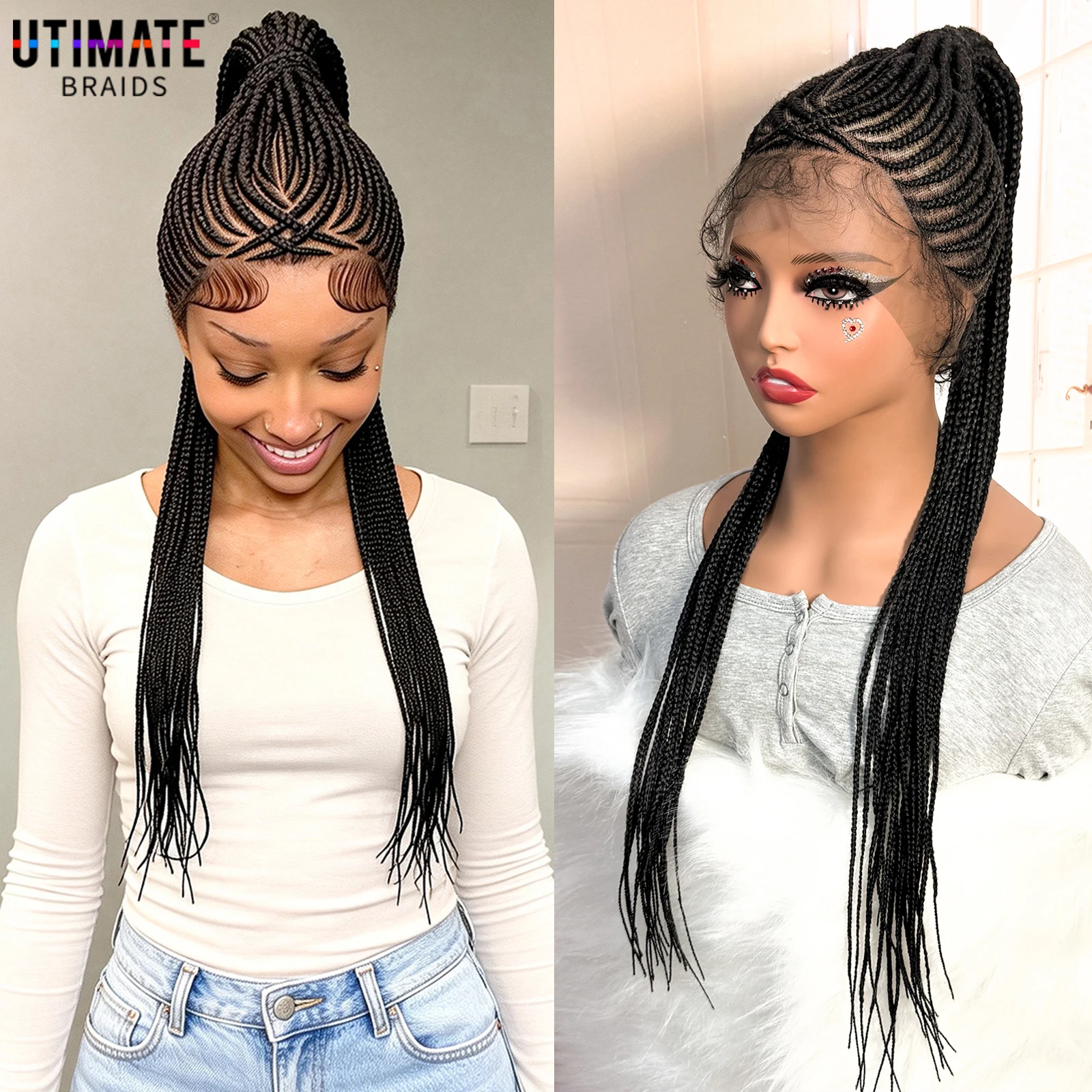 30 Inches Synthetic Full Lace Ponytail Braided Wigs Full Handmade Lace Front Cornrow Braids Wig for Black Women Natural to Wear