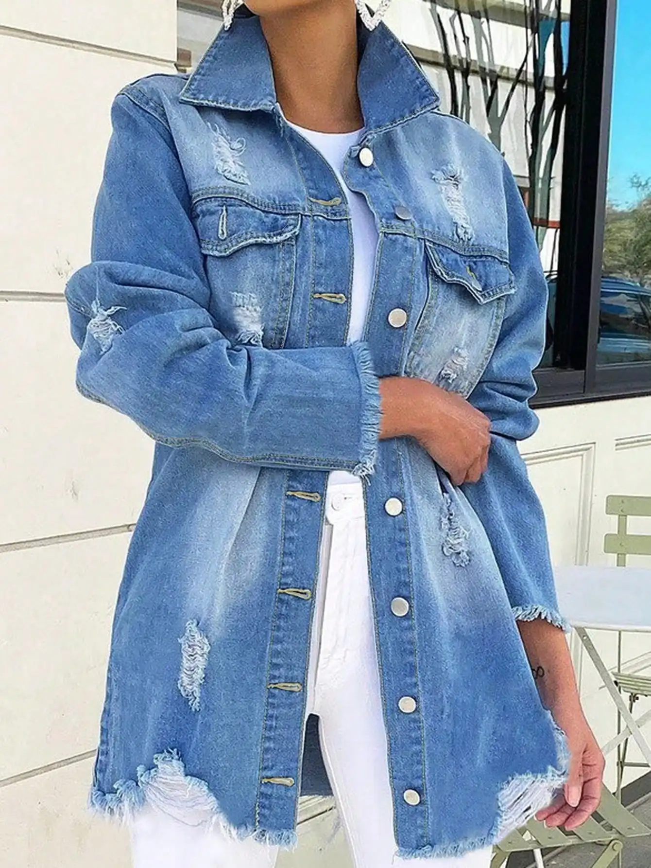 

Women's Distressed Denim Jacket with Buttons - Casual Loose Fit Fall Outerwear
