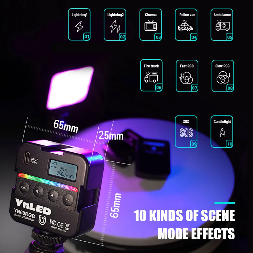 Yongnuo YN60 RGB Full Color 2500K-9500K Mini On-Camera LED Video Light YN60RGB 2000mAh Pocket Photo Vlog Live Fill Lighting