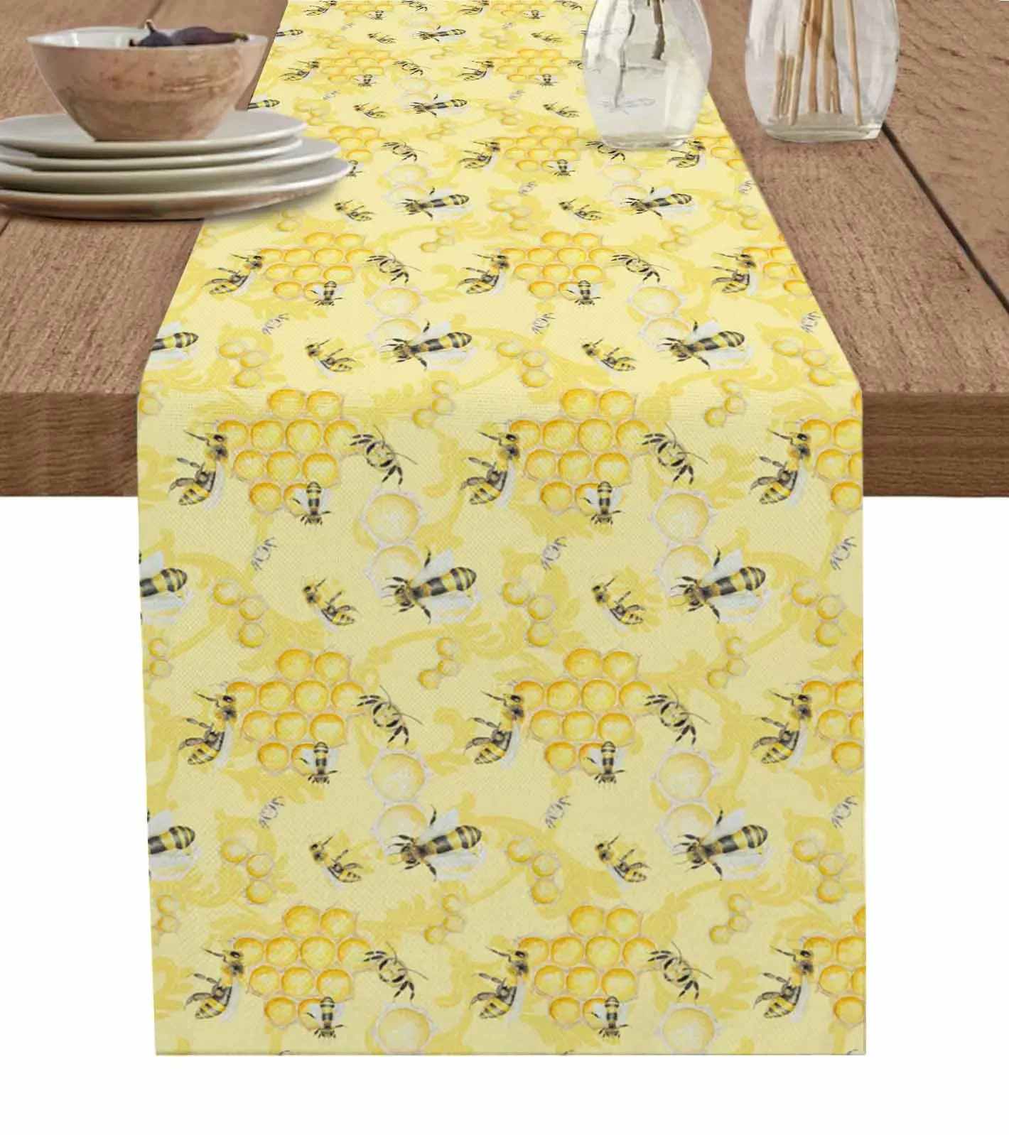 Watercolor Bee Hive Yellow Linen Table Runners Kitchen Table Decoration Accessories Dining Table Runner Wedding Party Supplies