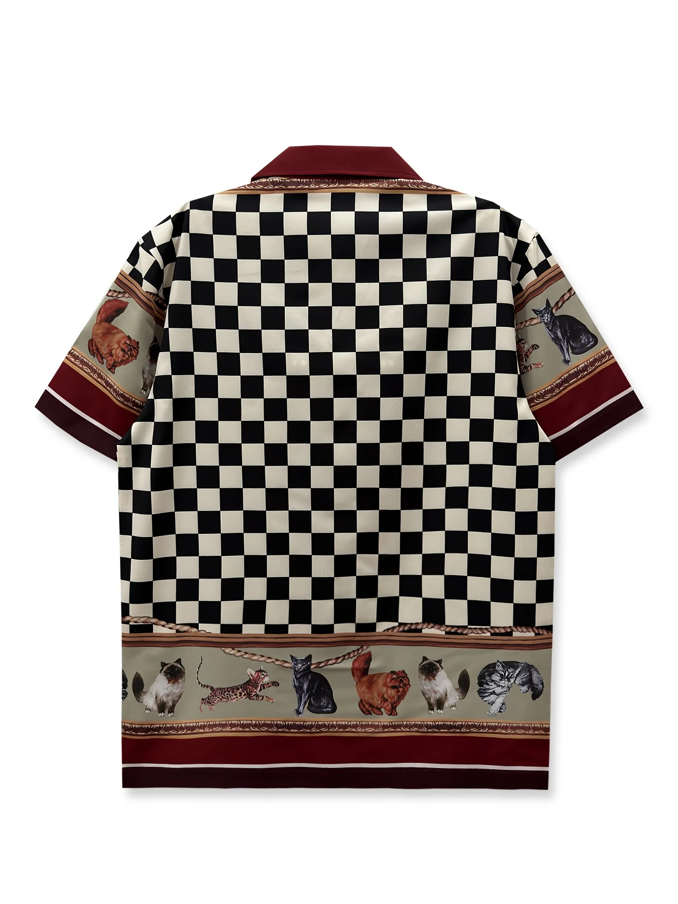 A Print Shirt in Red, Featuring a Vintage Style with a Cat Pattern, a Black And White Checkered Design, Perfect for Vacations