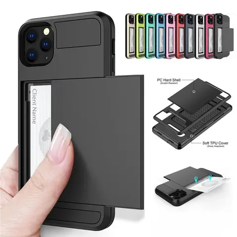 Slide Wallet Credit Card Slot PC Phone Case For iPhone 13 12 Mini 11 14 15 Pro Max XS XR 7 8 Plus SE TPU Armor Shockproof Cover