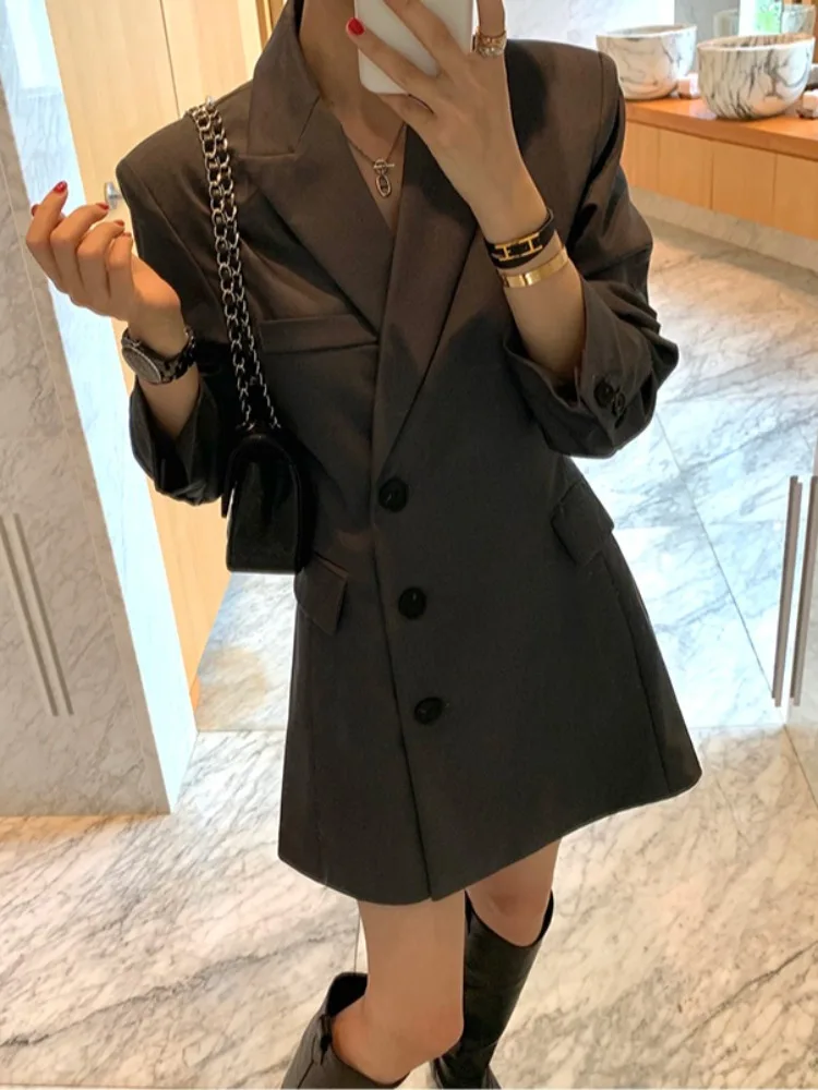 

Retro Sle Side Button Midi Length Suit Jaet Versatile Wearing Methods Medium Length Outerwear Ele Faionable