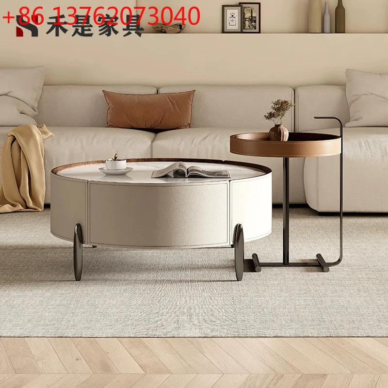 

Italian light luxury high-end saddle leather round rock slab coffee table combination simple