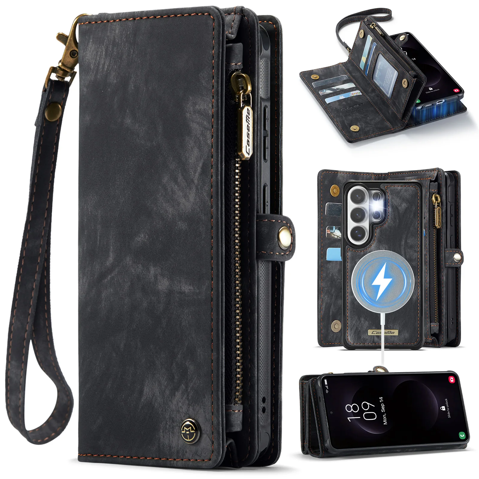 

Чехол CaseMe-008 для Samsung GALAXY S26 /S26 Plus /S26 Ultra, многофункциональный кожаный чехол-кошелек на молнии с отделениями для карт и ремешком