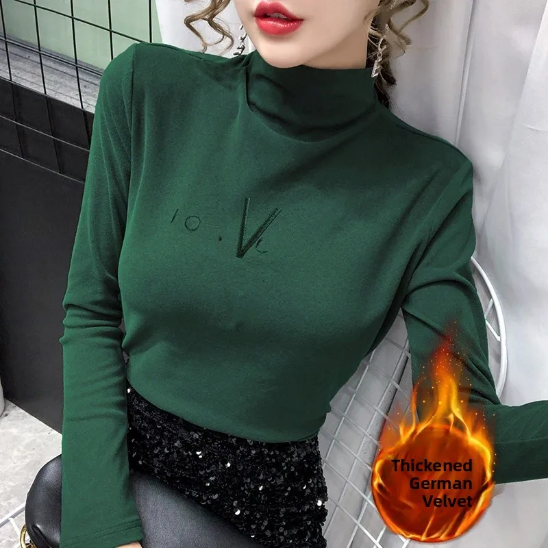 Women's Base Shirt Half High Collar Long Sleeve Early Autumn Inner Wear Fleece Lined Brushed Top Guangzhou Thirteenth Factory