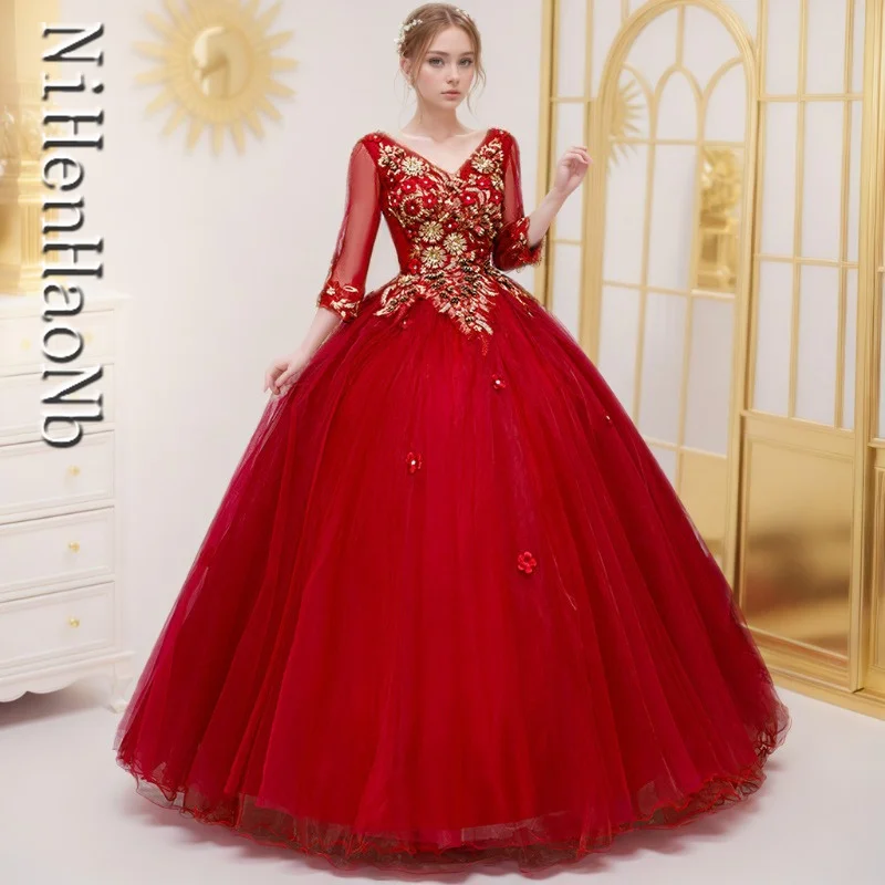 

Burgundy Ball Gown Women Quinceanera Dresses Appliques V Neck Prom Birthday Party Gowns Formal Vestido De Noche Robes De Soirée