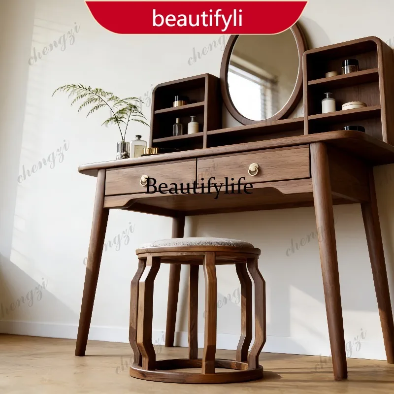 02A Nordic style solid wood dresser with mirror bedroom makeup table multi-functional storage integrated ash wood