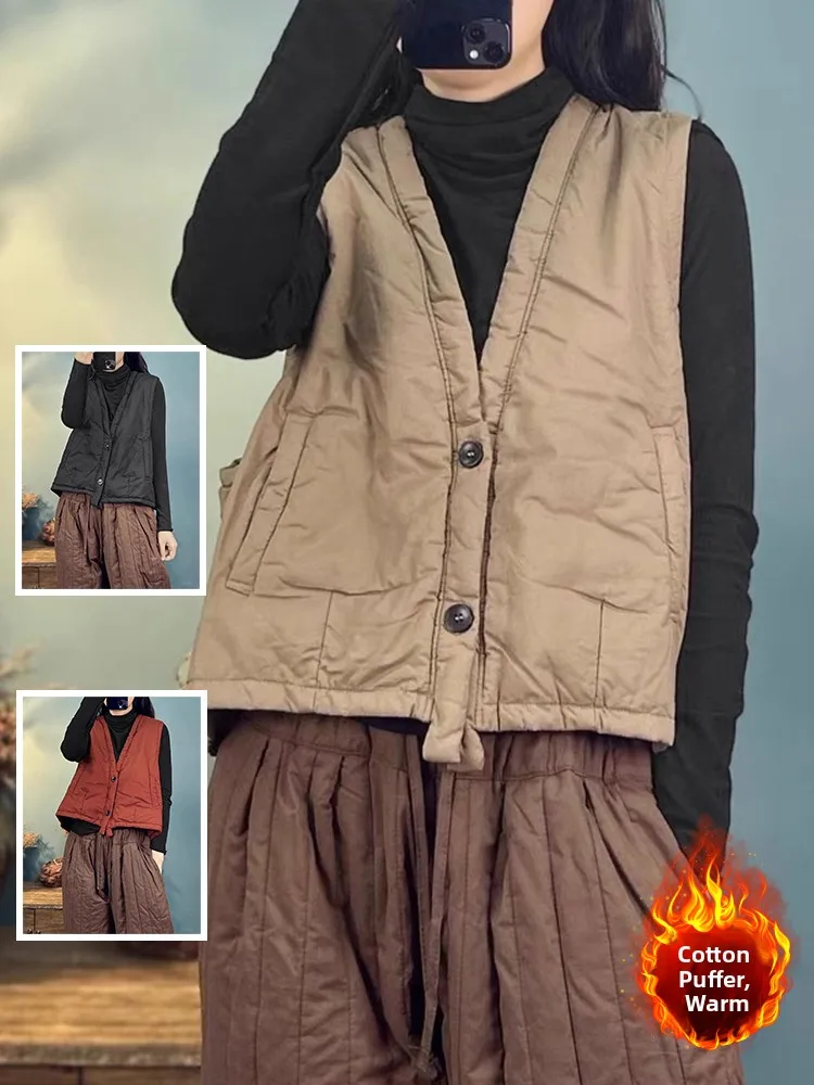 

Ретро-жилет женский утепленный хлопковый на подкладке, больших размеров, с V-образным вырезом, на двух пуговицах, свободного кроя, зимний