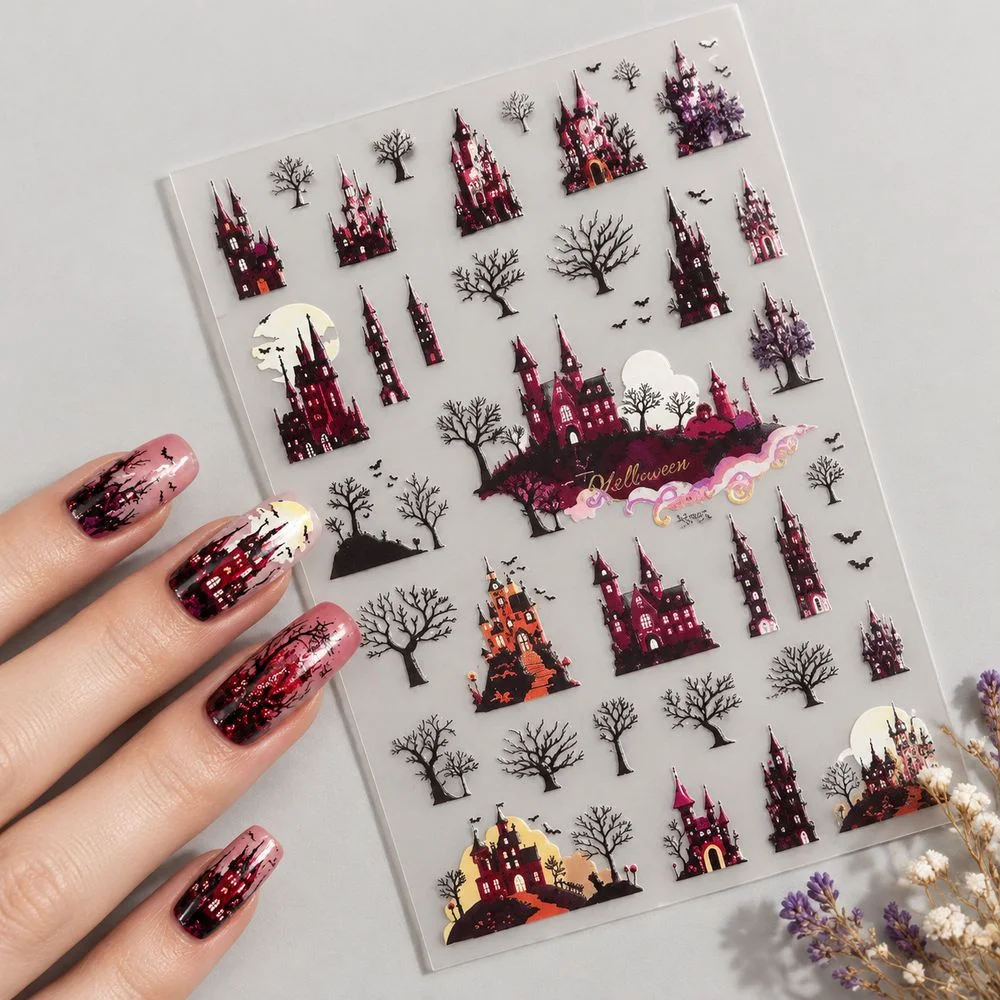 5D Large Pattern Halloween Nail Stickers Embossed Castle Bat Design Adhesive Waterproof Nail Decals for Extra Long Acrylic Nails