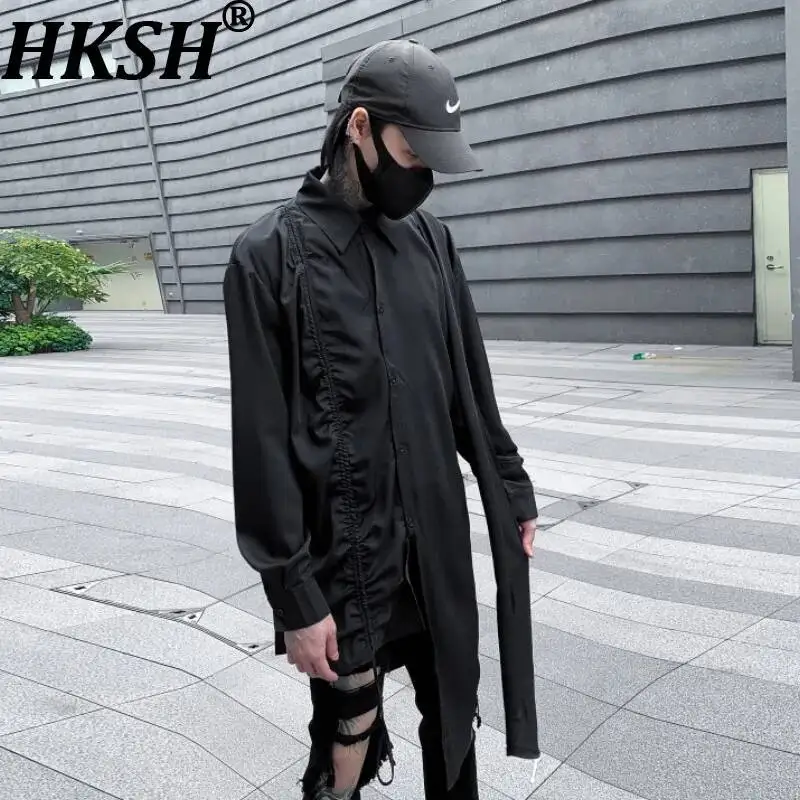 

HKSH Spring Summer New Men Tide Dark Asymmetrical Tie Shirt Long-Sleeved Loose Fit Stylish Trendy Streetwear Shirts Top HK22371