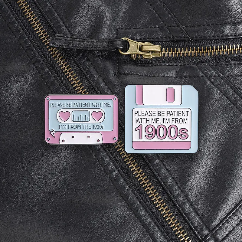 Pastel Pink Blue Vintage Tape Disk Zinc Alloy Brooch Funny Millennial Slogan Decorative Pin For 90s Lovers