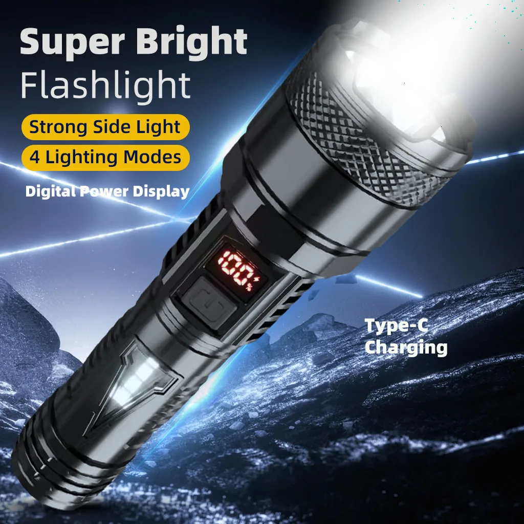 High Power Long-range Lantern Super Bright LED Flashlight USB Rechargeable Tactical Torch With Sidelight Lamp Waterproof Outdoor