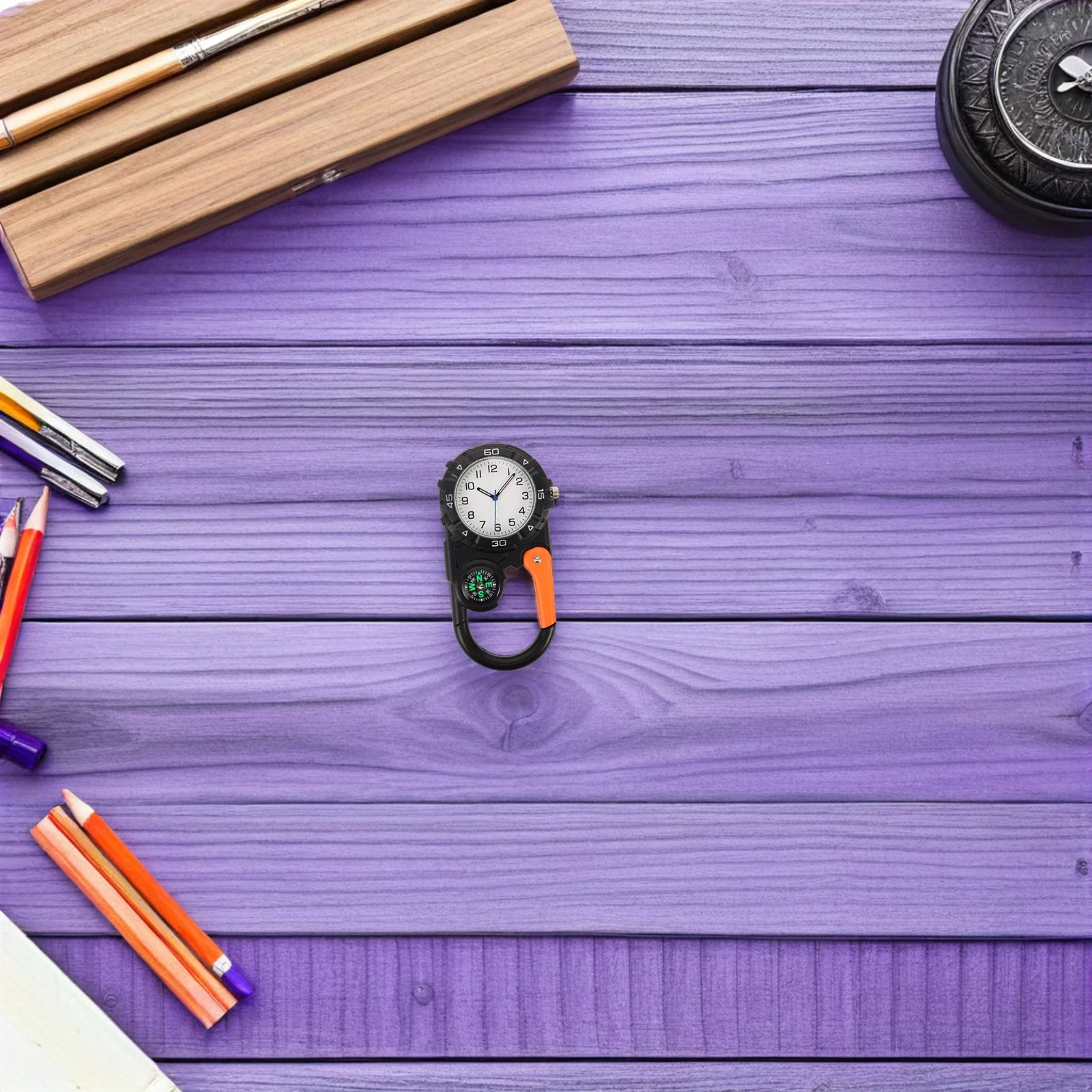 

Pocket Clip on Quartz Watch with Compass Carabiner Survival Keychain for Outdoor Adventure Hiking Camping Gear Black