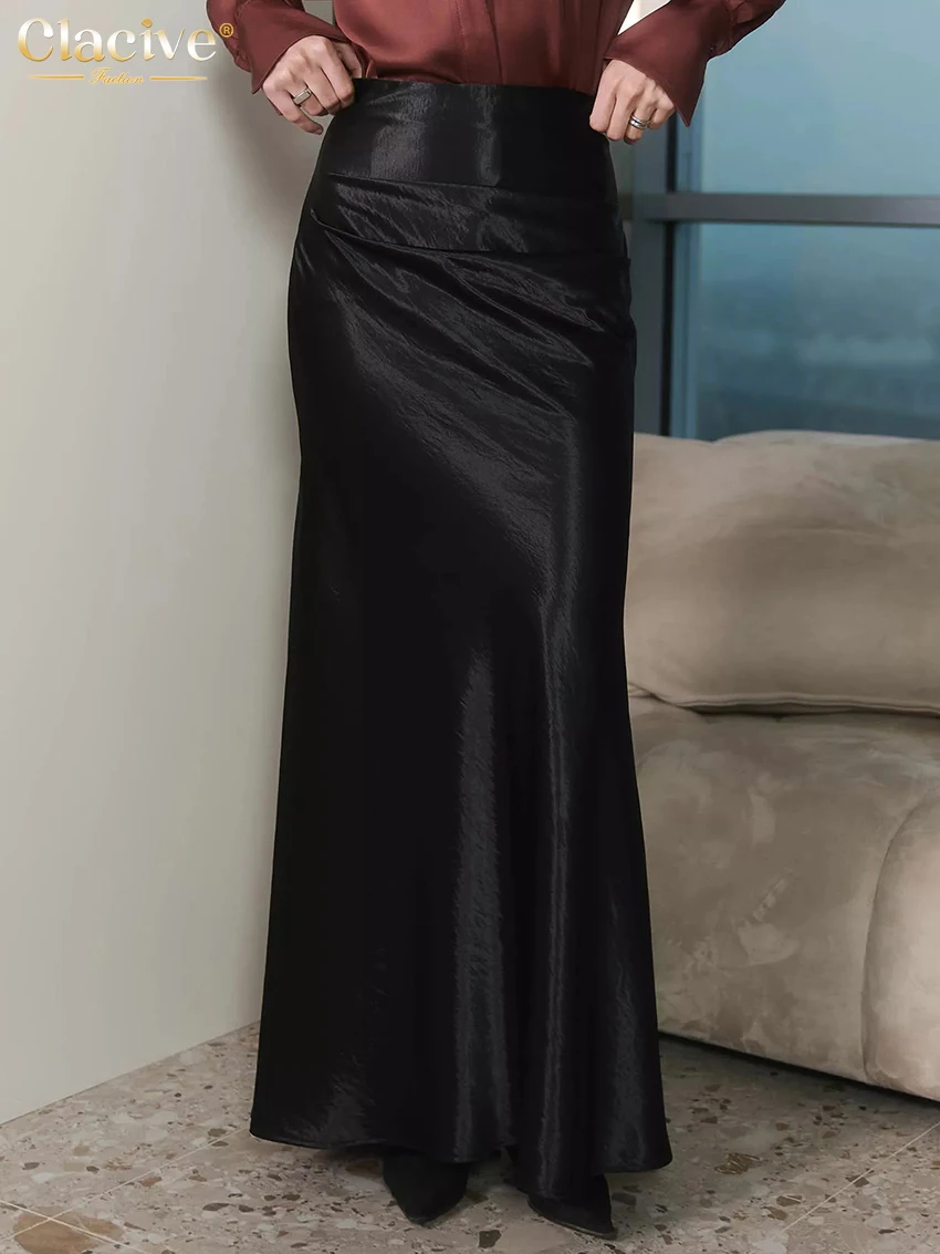 

Clacive Summer Loose Black Satin Women's Skirt 2026 Casual High Waist Long Skirt Lady Elegant Simple Solid Skirt Female Clothing