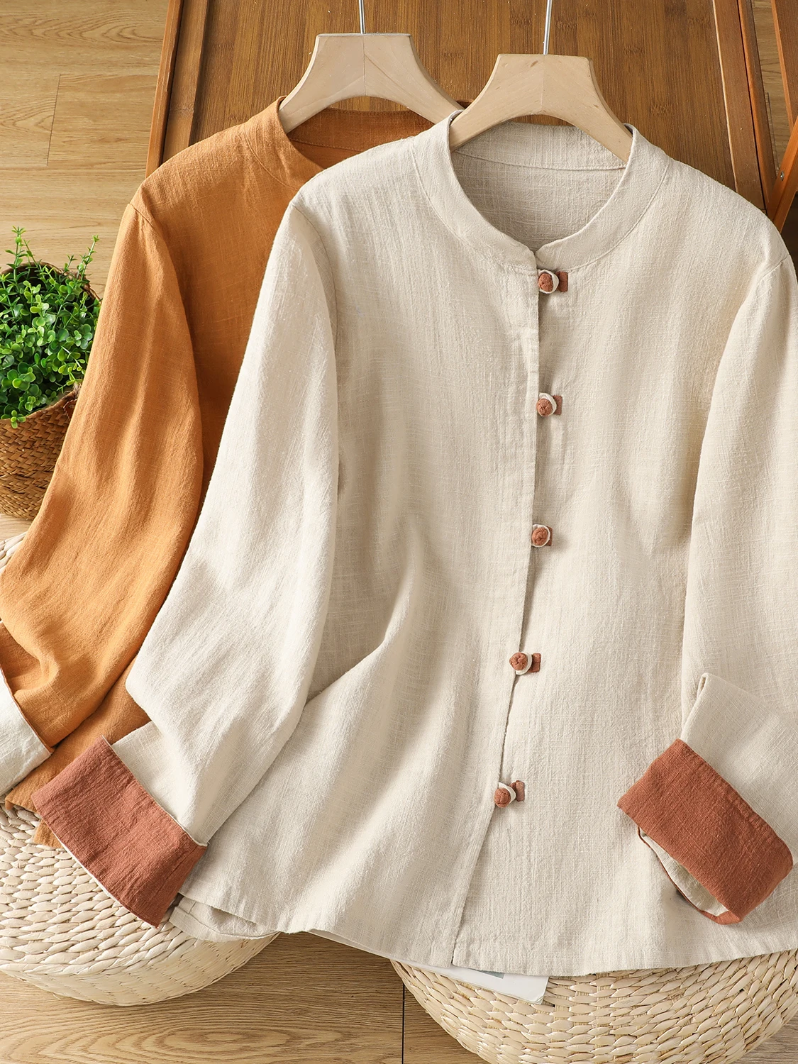 

Large Size Women's Long Sve irt round Ne Collar Color Blo Artistic Sle Button up Casual Breathable Autumn Top